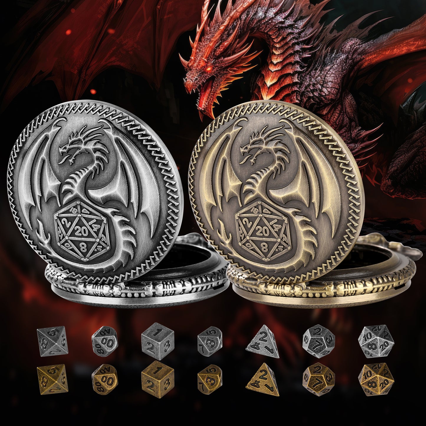 Dragon Pocket Watch Dice Set, Equipped With 7 Mini Polyhedral Metal Dice