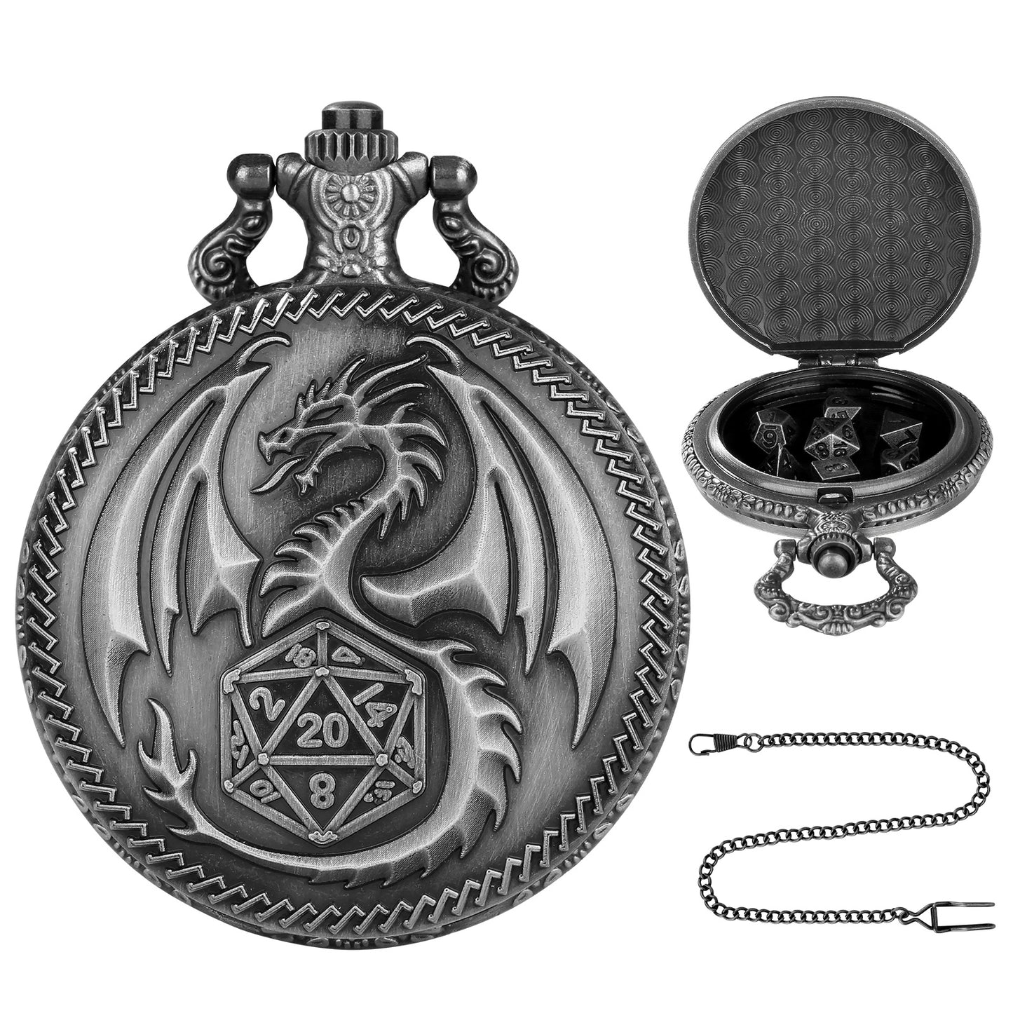 Dragon Pocket Watch Dice Set, Equipped With 7 Mini Polyhedral Metal Dice