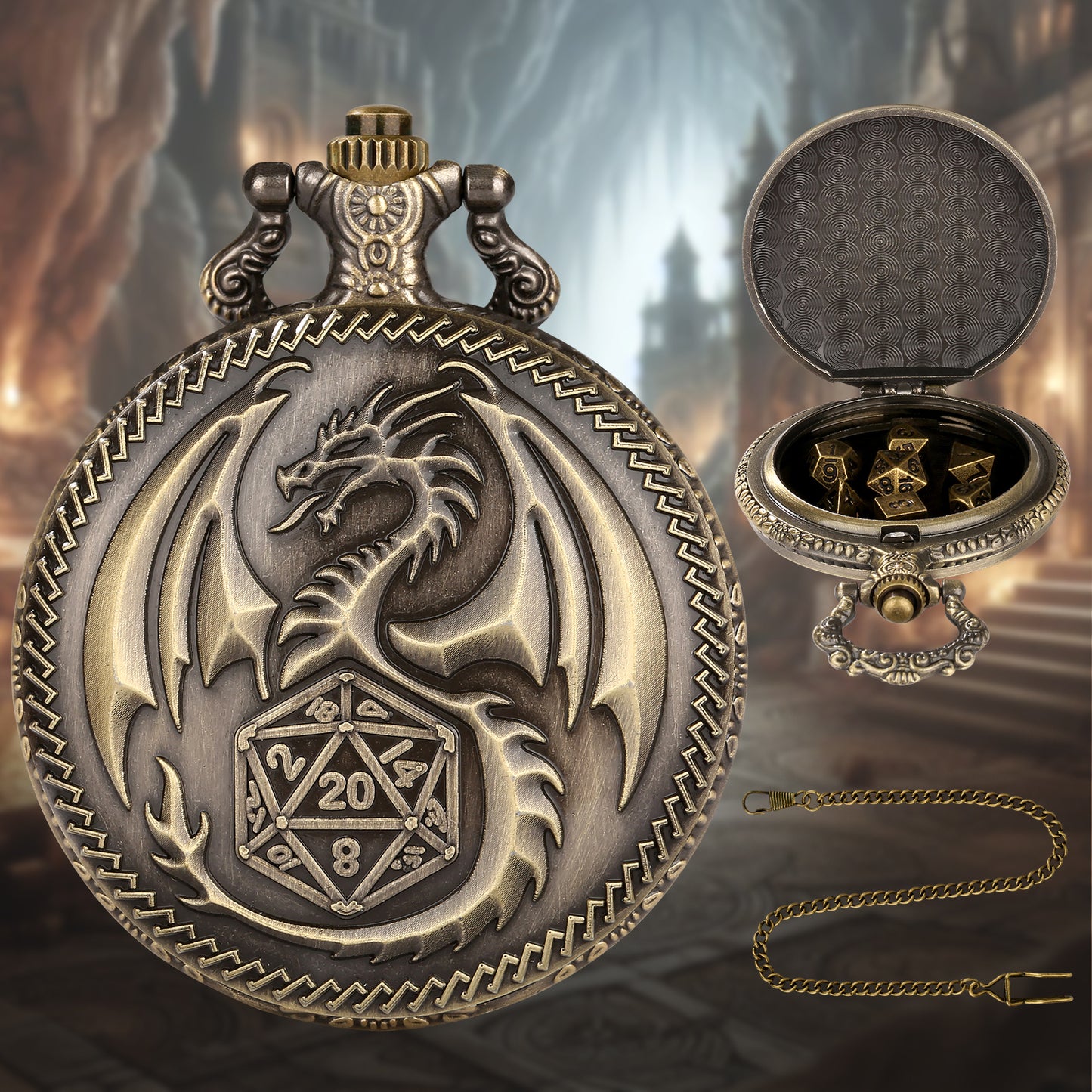Dragon Pocket Watch Dice Set, Equipped With 7 Mini Polyhedral Metal Dice