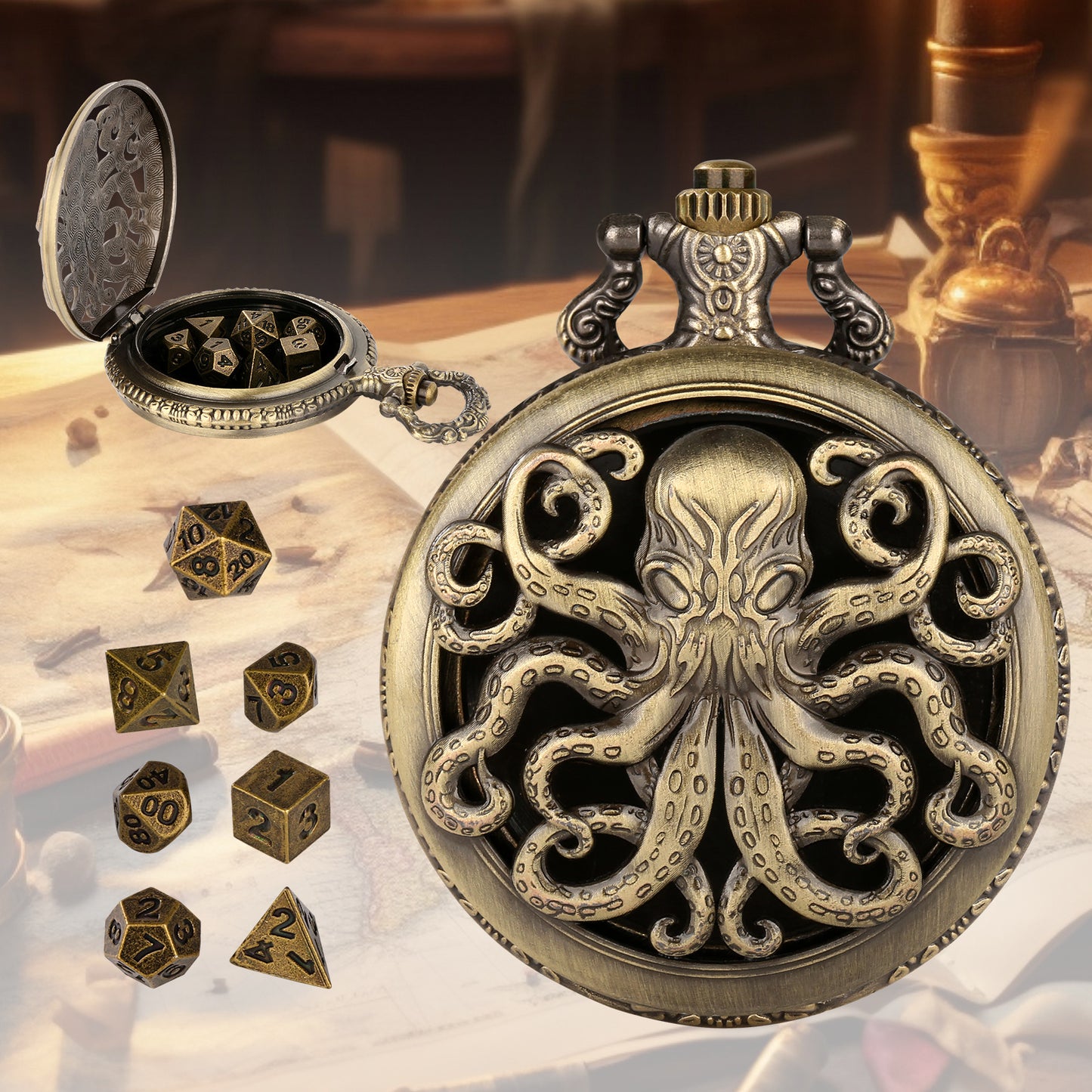 Octopus Pocket Watch Dice Set, Equipped With 7 Mini Polyhedral Metal Dice