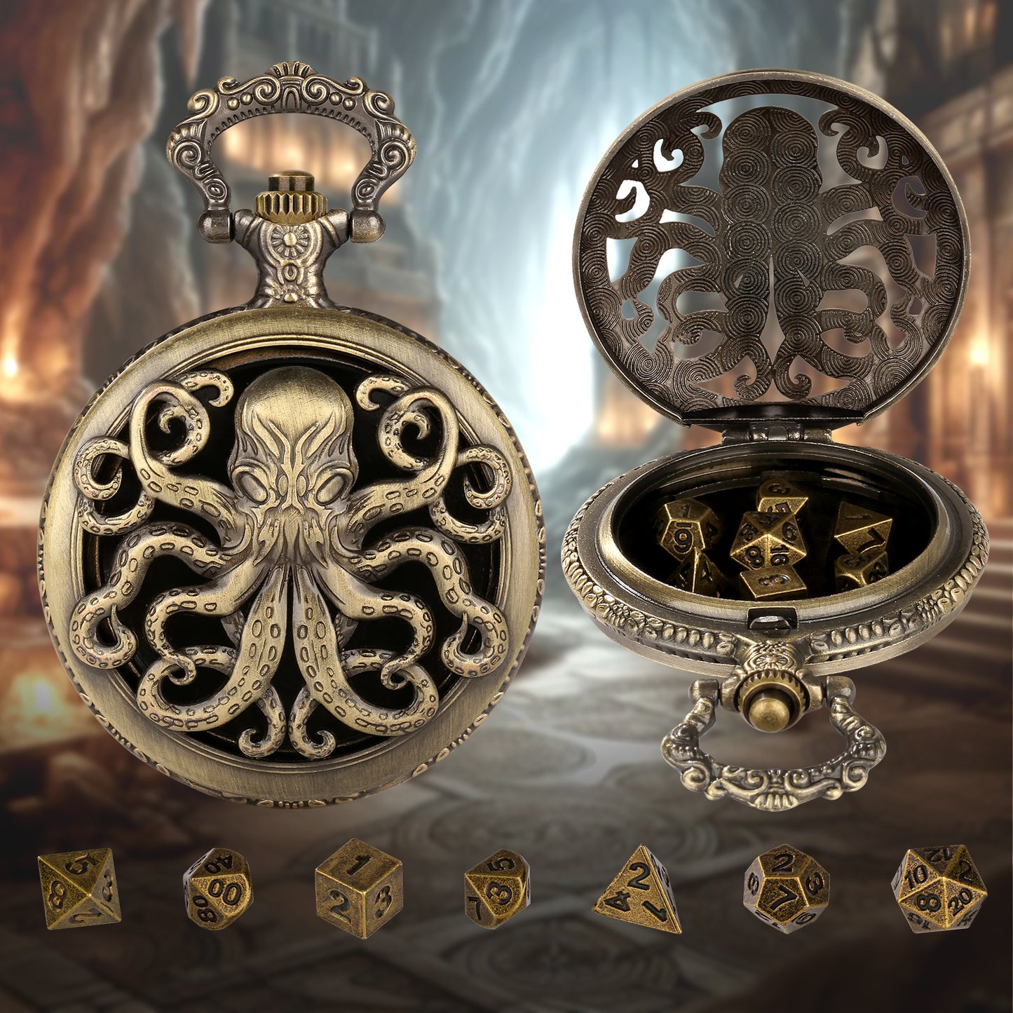 Octopus Pocket Watch Dice Set, Equipped With 7 Mini Polyhedral Metal Dice