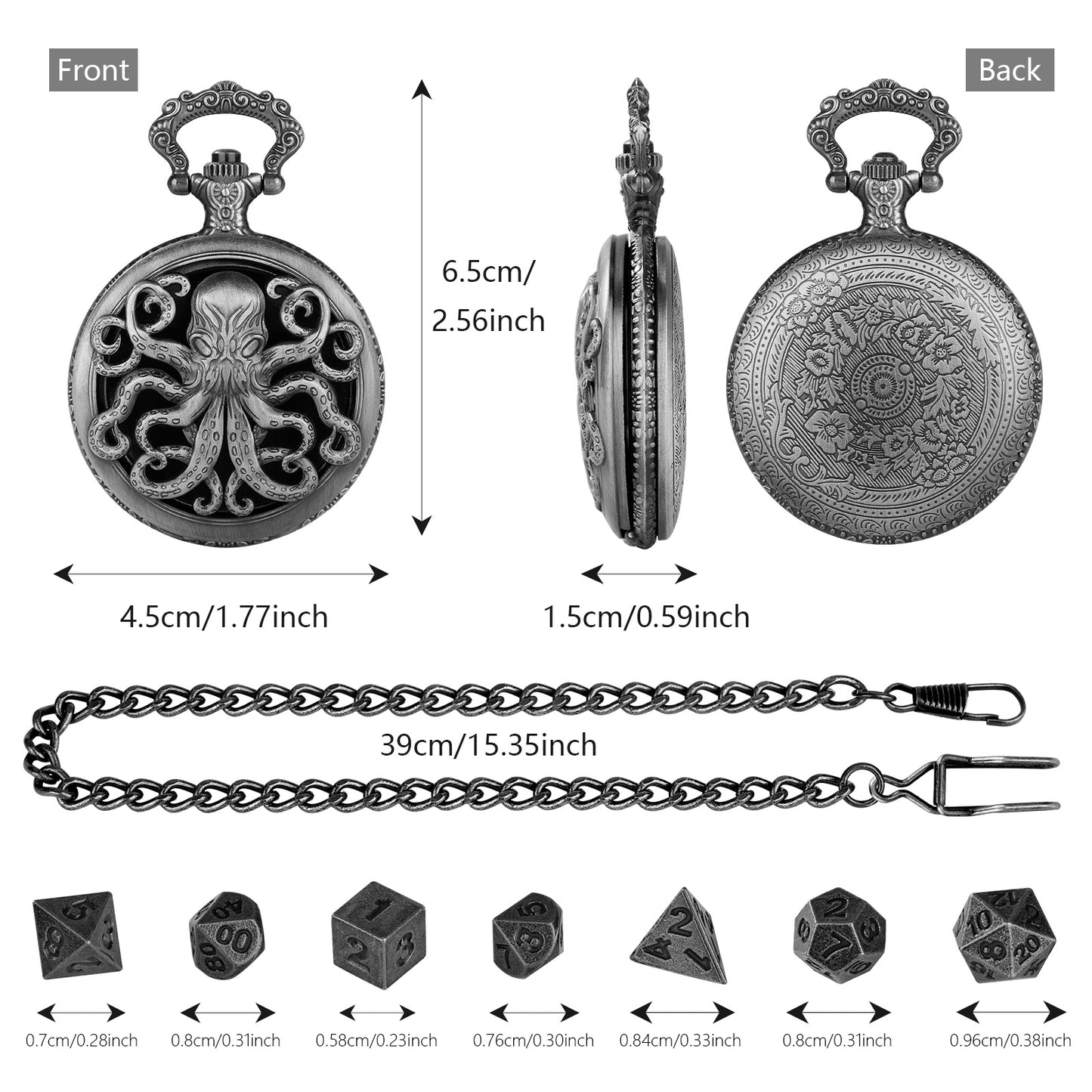Octopus Pocket Watch Dice Set, Equipped With 7 Mini Polyhedral Metal Dice