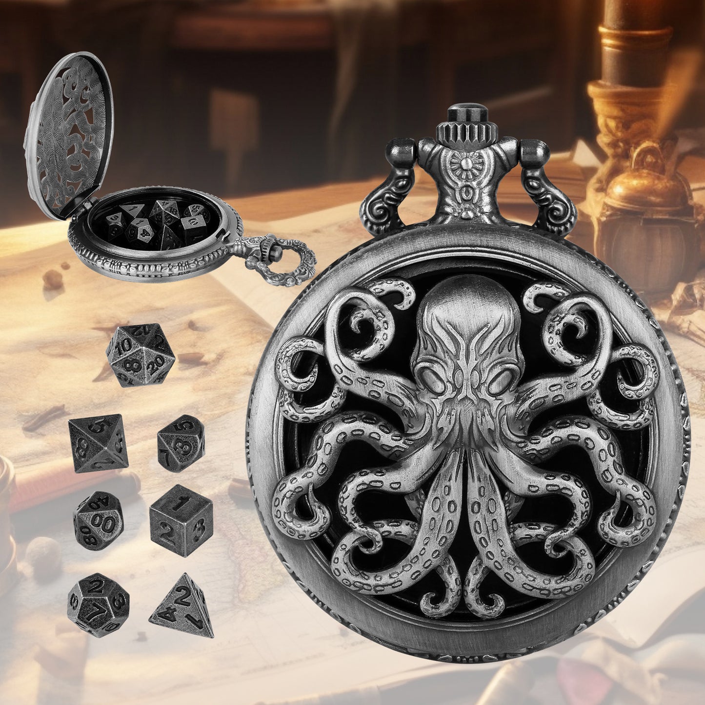 Octopus Pocket Watch Dice Set, Equipped With 7 Mini Polyhedral Metal Dice