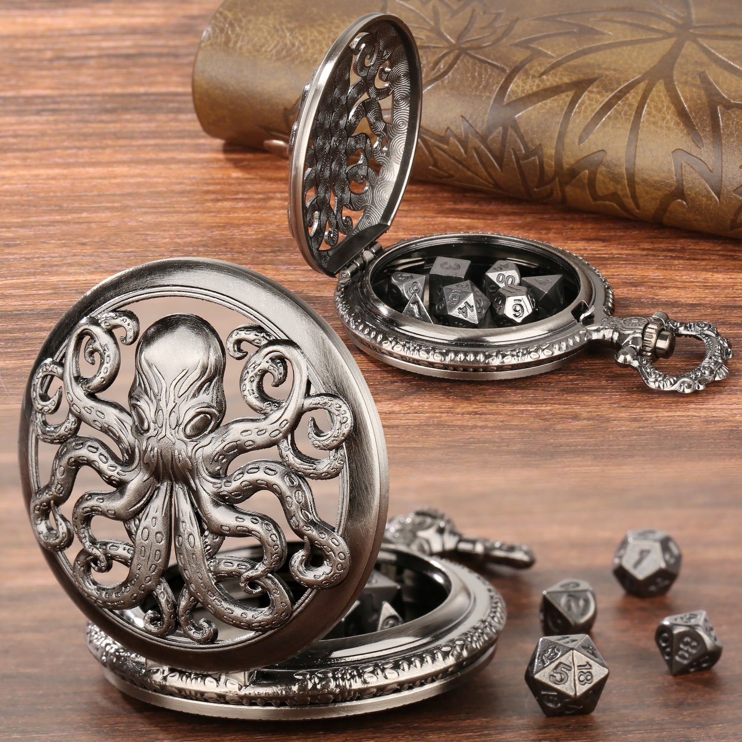 Octopus Pocket Watch Dice Set, Equipped With 7 Mini Polyhedral Metal Dice