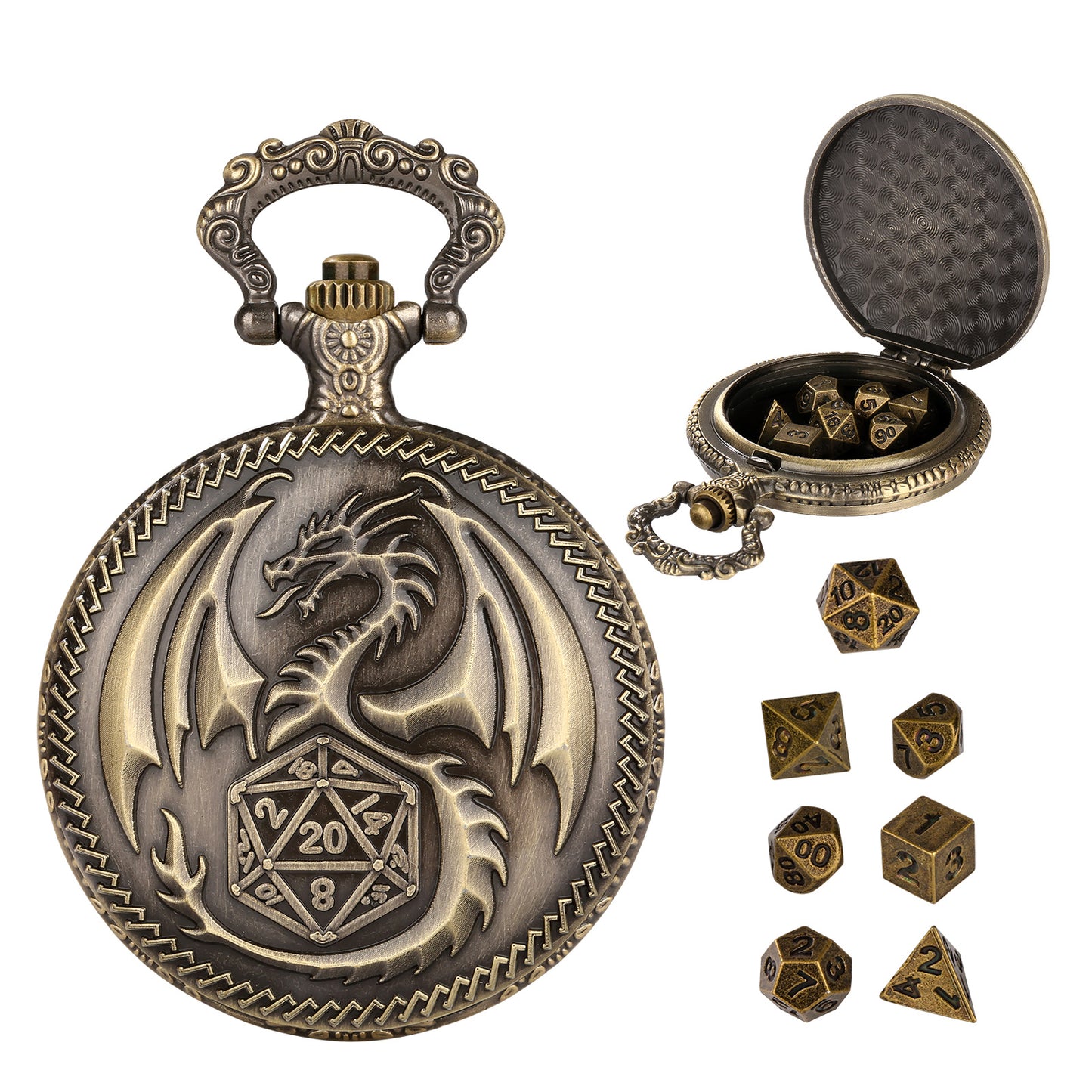 Dragon Pocket Watch Dice Set, Equipped With 7 Mini Polyhedral Metal Dice