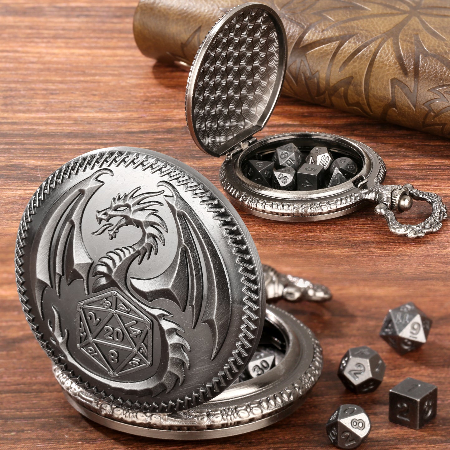 Dragon Pocket Watch Dice Set, Equipped With 7 Mini Polyhedral Metal Dice