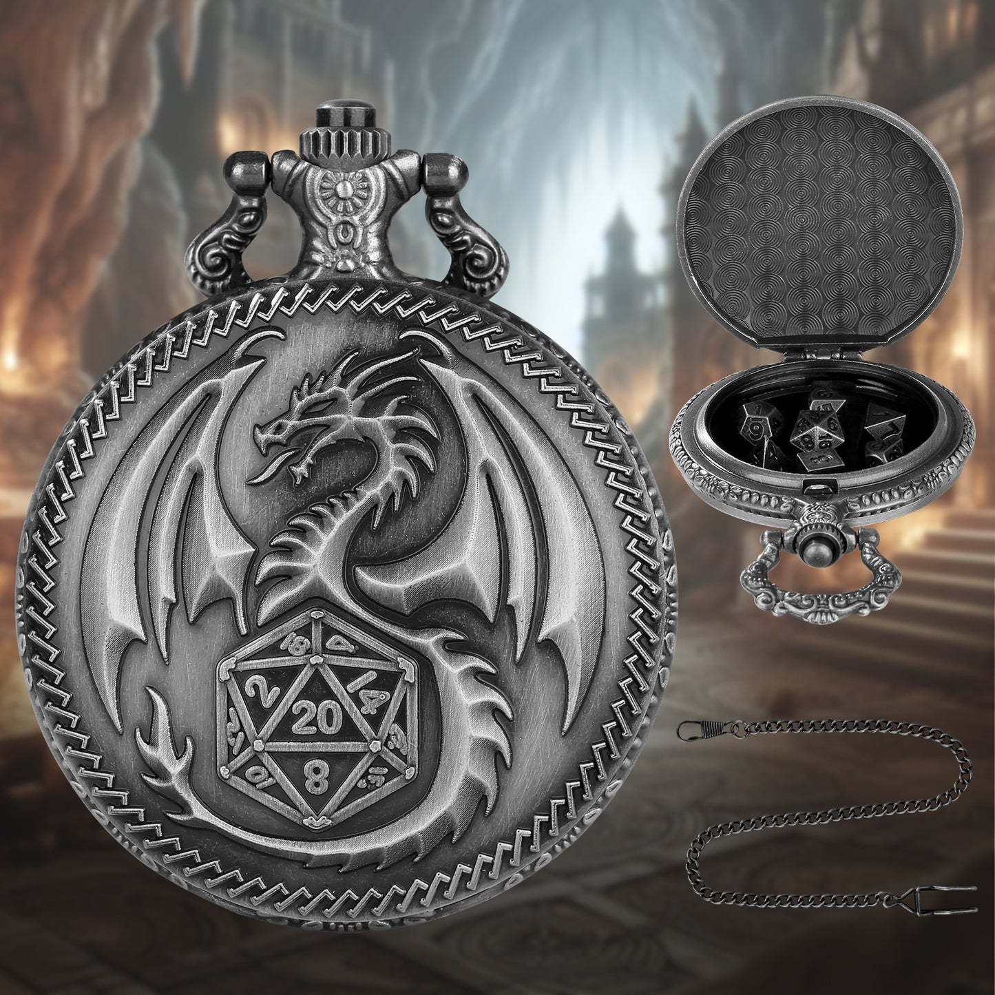 Dragon Pocket Watch Dice Set, Equipped With 7 Mini Polyhedral Metal Dice