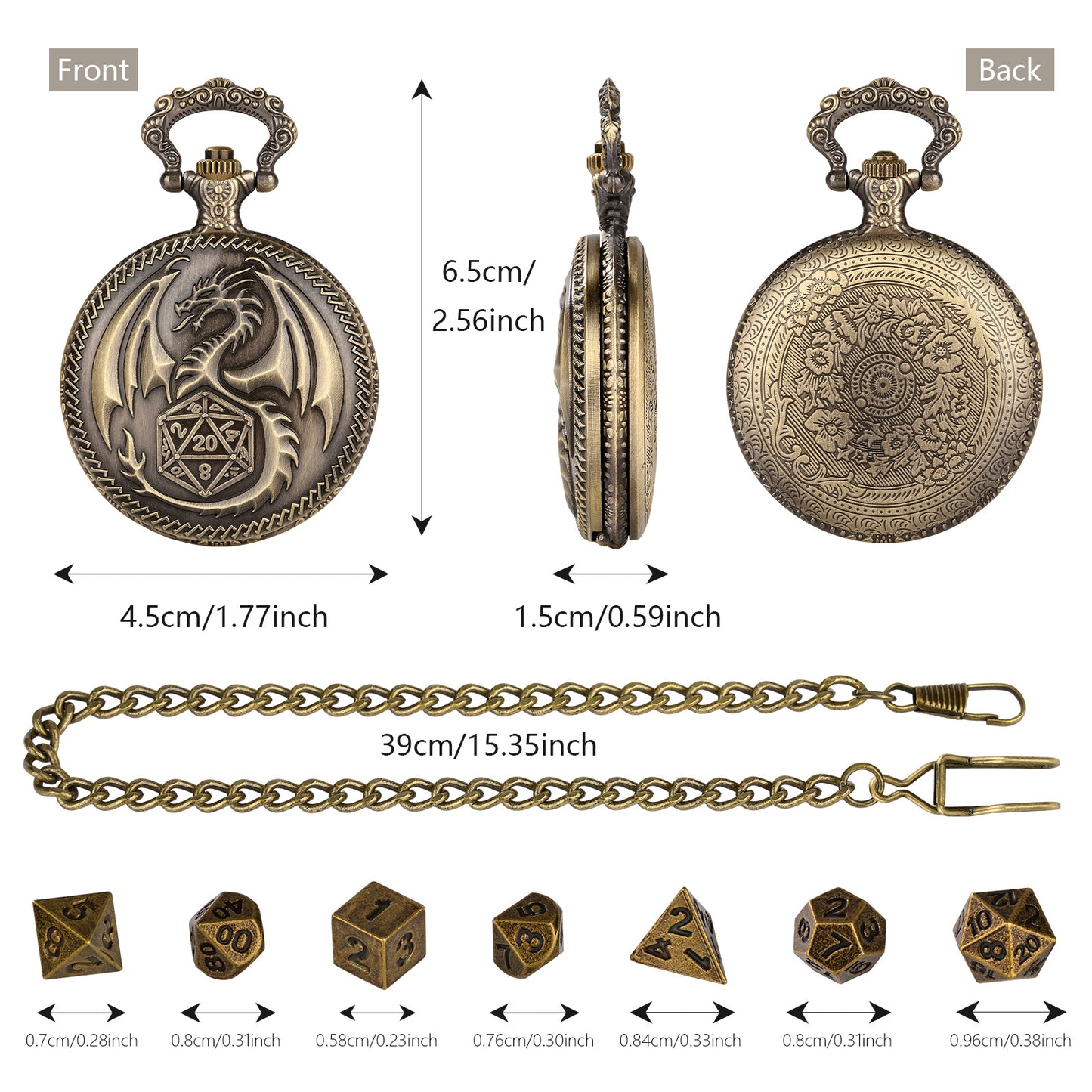Dragon Pocket Watch Dice Set, Equipped With 7 Mini Polyhedral Metal Dice