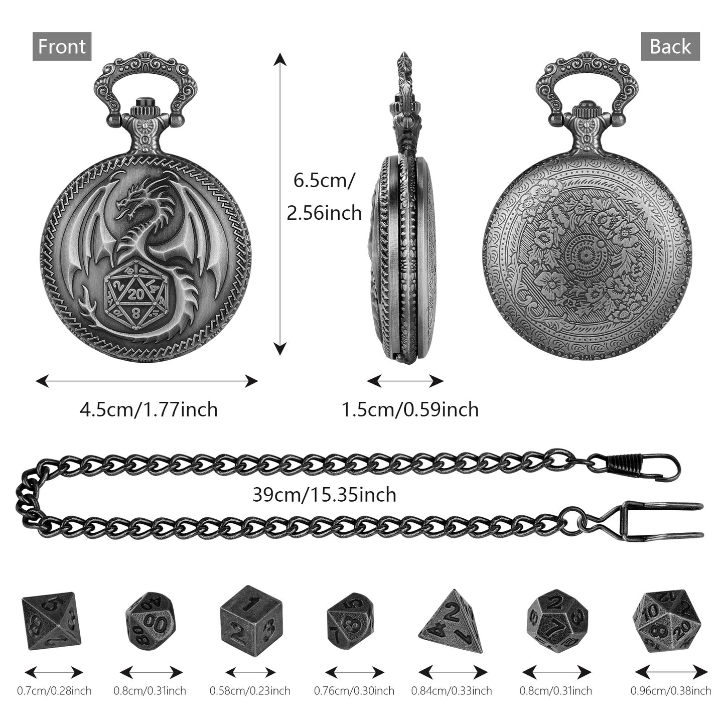 Dragon Pocket Watch Dice Set, Equipped With 7 Mini Polyhedral Metal Dice